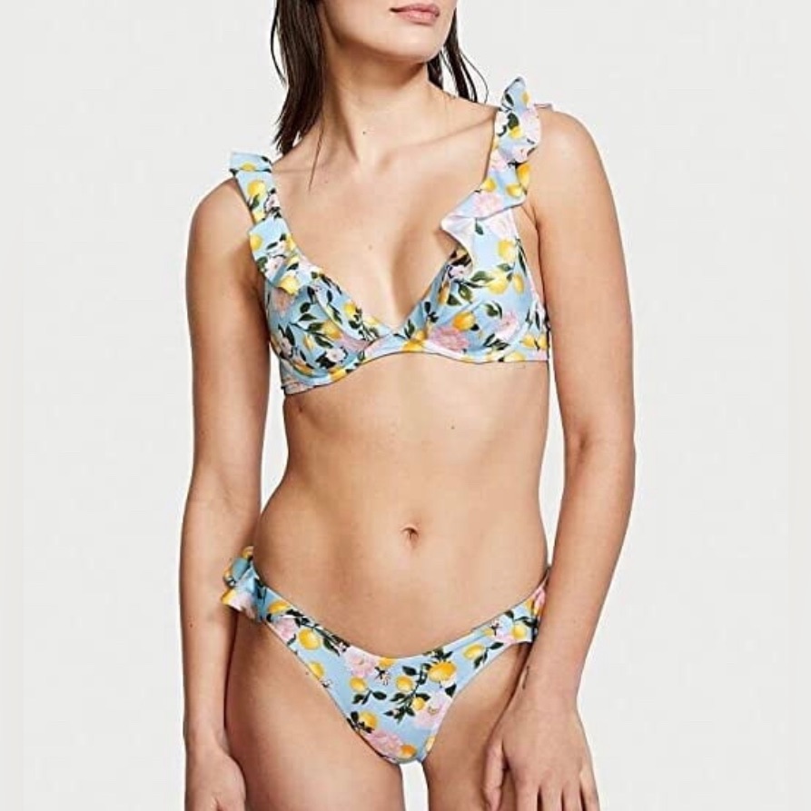 Victoria's Secret S/P Ruffle Plunge Bikini Top Blue Lemon Underwire Set